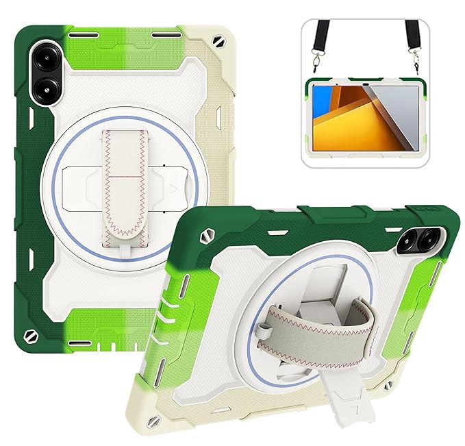 ProElite for Poco Pad 12.1 inch case, Rugged 3 Layer Armor case Cover for Poco Pad 12.1 inch with Hand Grip and Rotating Kickstand with Shoulder Strap, Rainbow Green