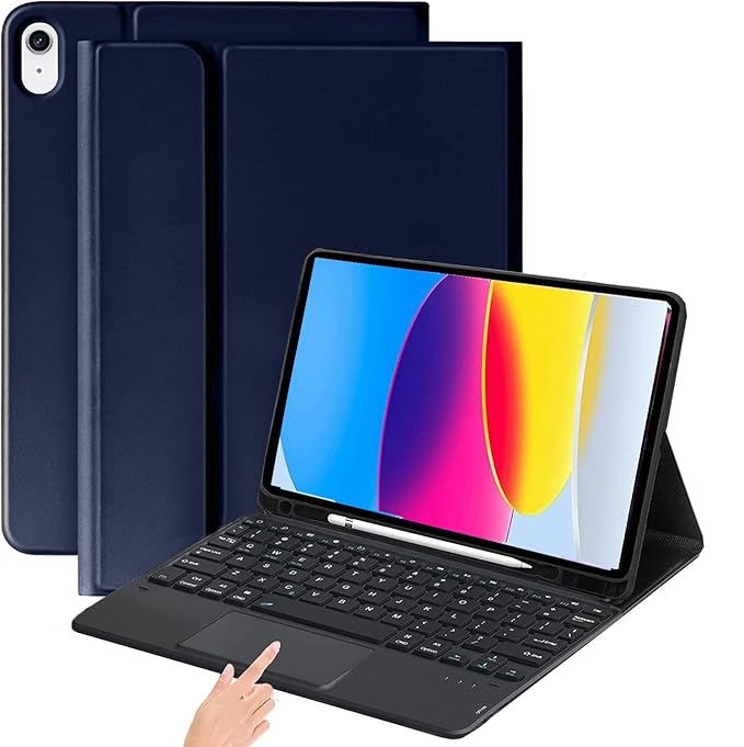 [Refurbished] ProElite Detachable Wireless Bluetooth Touchpad Keyboard flip case Cover for Apple iPad 10th Gen with Pencil Holder, Dark Blue