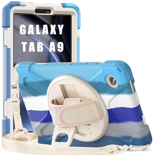 ProElite Cover for Samsung Galaxy Tab A9 8.7 inch Case Cover, Rugged 3 Layer Armor case Cover for Samsung Galaxy Tab A9 8.7 inch Hand Grip and Rotating Kickstand, Rainbow Blue