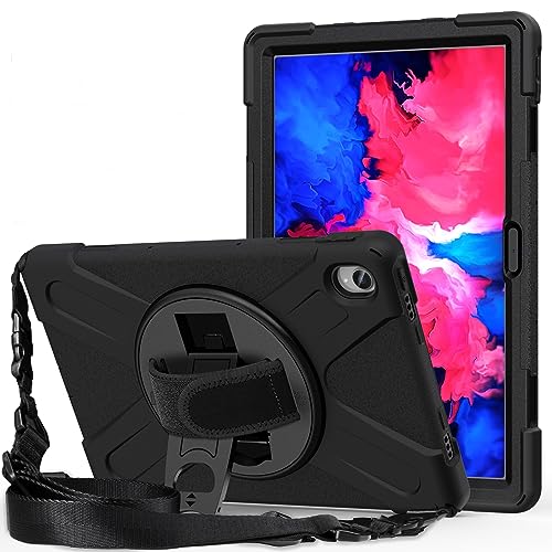 ProElite Cover for Lenovo Tab P11 Cover Case, Rugged 3 Layer Armor case Cover for Lenovo Tab P11/P11 Plus 11 inch TB-J606F/J606X/J607F with Hand Grip & Rotating Kickstand with Shoulder Strap, Black