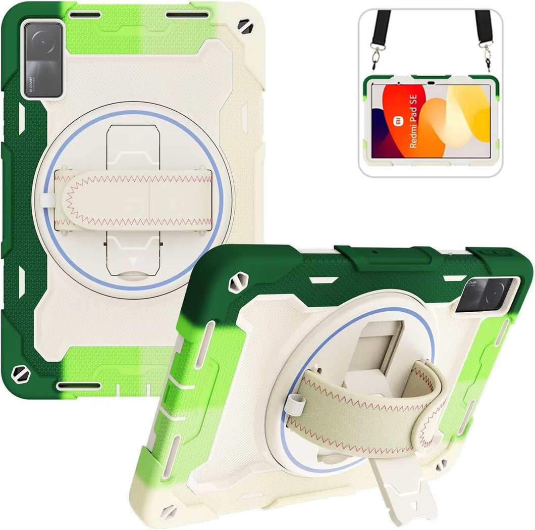 ProElite for Redmi Pad SE case, Rugged 3 Layer Armor case cover for Redmi Pad SE 11 inch with Hand Grip and Rotating KickStand with Shoulder Strap, Rainbow Green