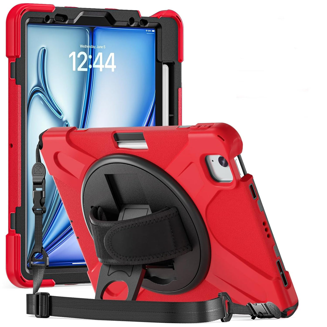 ProElite Rugged 3 Layer Armor case for Apple iPad Air 11 2024/iPad Air 5th/4th Gen 10.9/iPad Pro 11 4th/3rd Gen with Apple Pencil Holder, Hand Grip and Rotating KickStand, Red