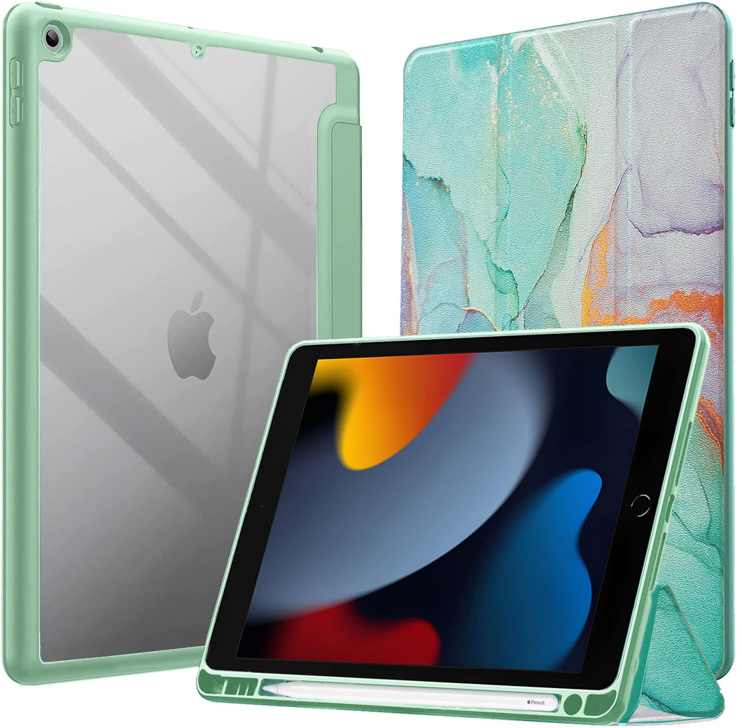 ProElite Case Cover for Apple iPad 10.2 inch Case, Smart Flip Case Cover for Apple iPad 10.2 inch 2021 9th/8th/7th Gen, Clear Soft Back with Pencil Holder, Marble Green