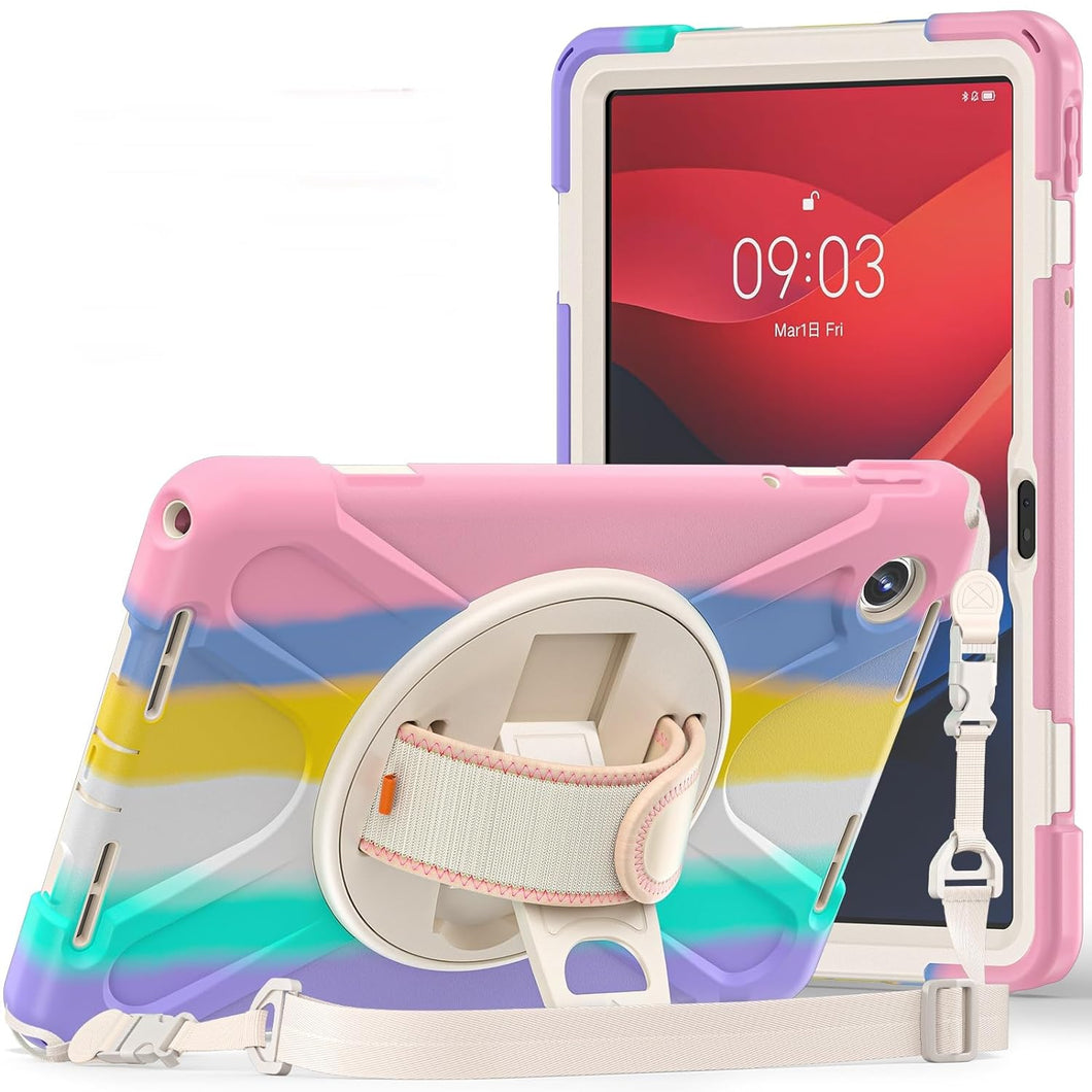 ProElite Cover for Lenovo Tab M11 11 inch Cover Case, Rugged 3 Layer Armor case Cover for Lenovo Tab M11 11 inch with Hand Grip & Rotating Kickstand with Shoulder Strap, Rainbow Pink