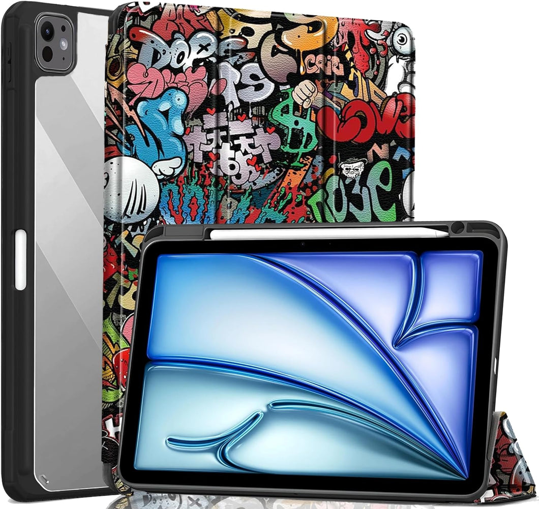 ProElite for iPad Air 11 Inch Case M2 2024, iPad Air 10.9 inch 5th/4th Gen & iPad Pro 11 inch 4th/3rd Gen 2022 case cover, Transparent Smart Flip Cover with pencil holder, Hippy