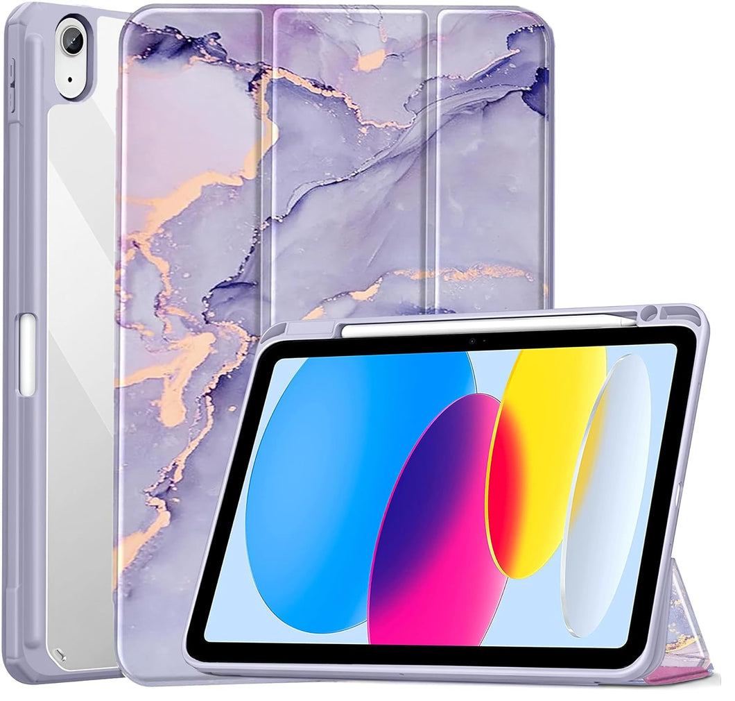 ProElite Case Cover for Apple iPad 10th Generation, Transparent case Cover with Pencil Holder for iPad 10th Gen, Marble Purple