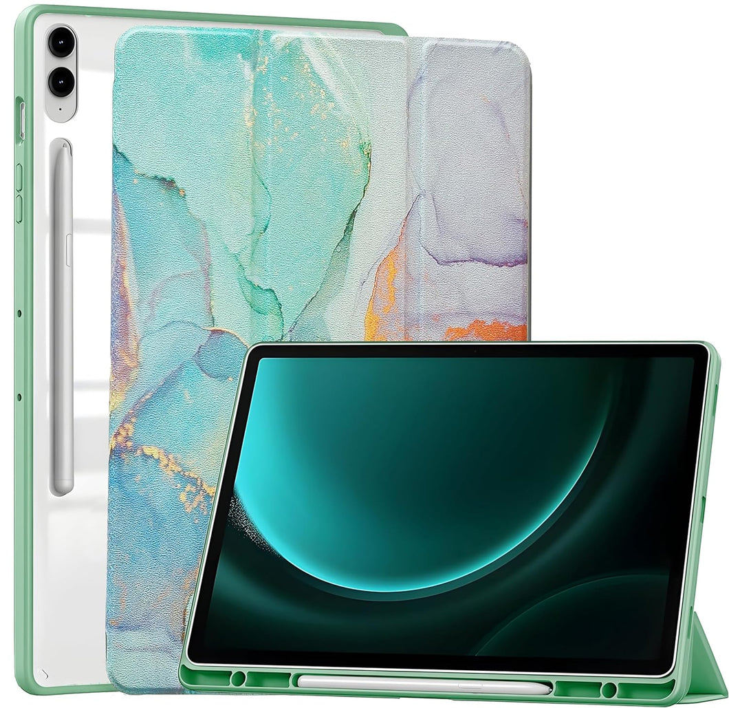 ProElite Cover for Samsung Galaxy Tab S9 FE Plus/S9 Plus 12.4 inch Cover Case, Smart Flip Case Cover for Samsung Galaxy Tab S9 FE+/S9 Plus 12.4 inch with S Pen Holder, Marble Green [Transparent Back]