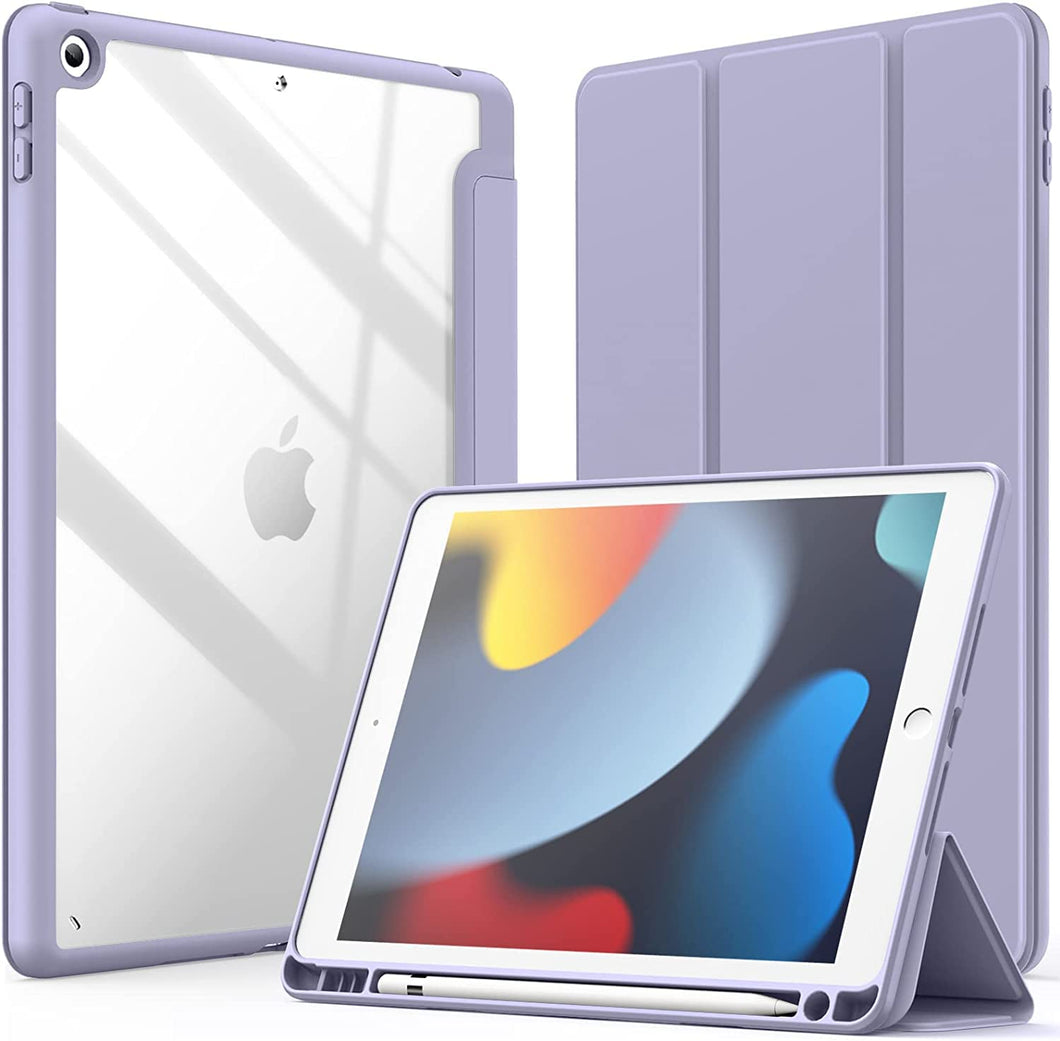 ProElite Smart Flip Case Cover for Apple iPad 10.2 inch 2021 9th/8th/7th Gen, Clear Soft Back with Pencil Holder, Purple