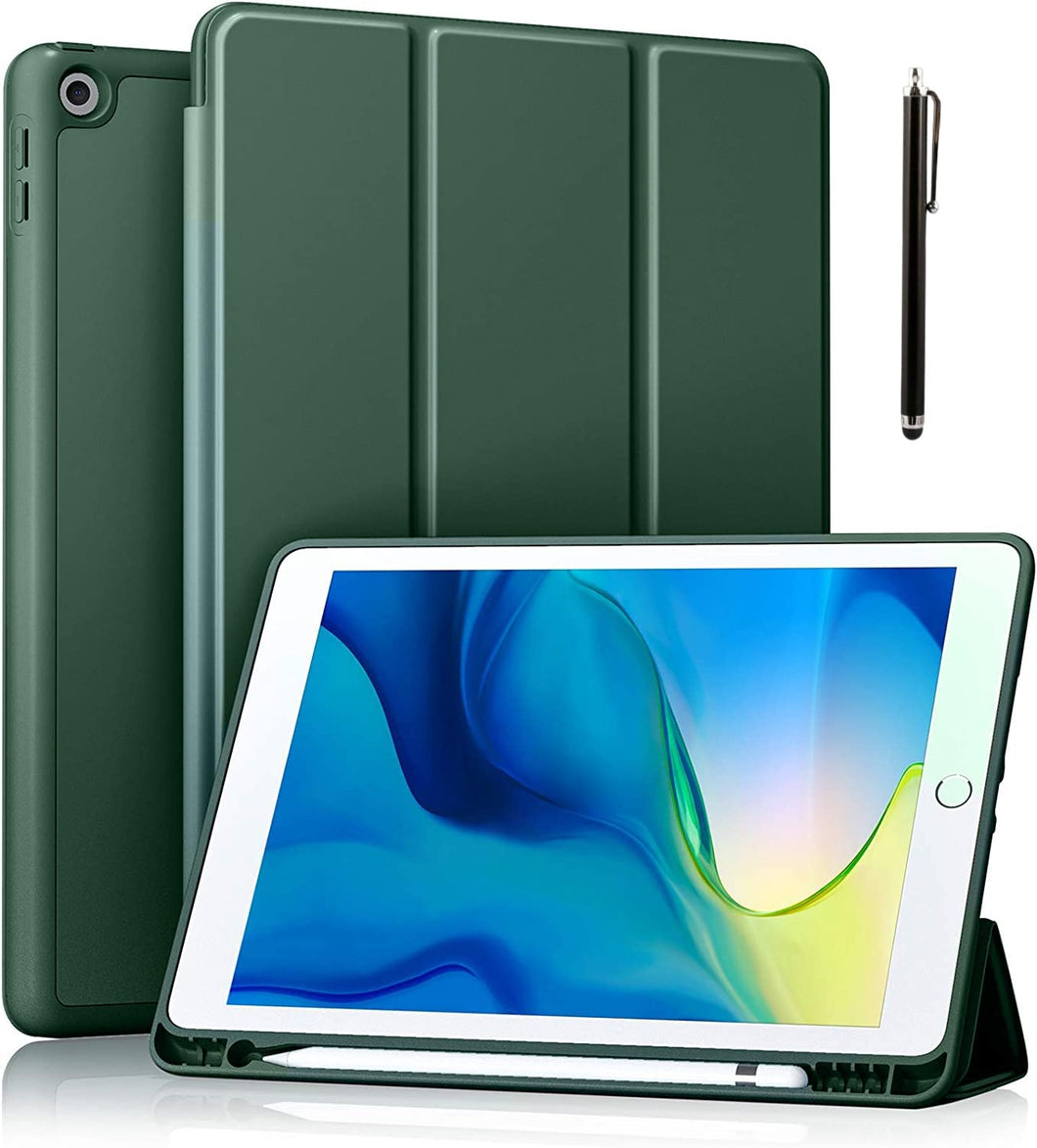 ProElite Smart Case for iPad 10.2 inch 2021 9th/8th/7th Gen [Auto Sleep/Wake Cover] [Pencil Holder] [Soft Flexible Case] Recoil Series - Dark Green with Stylus Pen