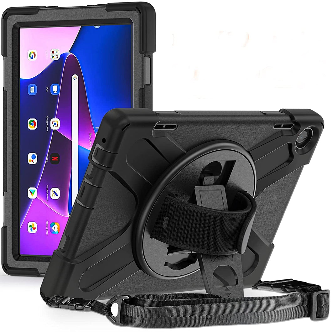 ProElite Rugged 3 Layer Armor case Cover for Lenovo Tab M10 FHD 3rd Gen 10.1 inch with Hand Grip and Rotating Kickstand with Shoulder Strap, (Black)