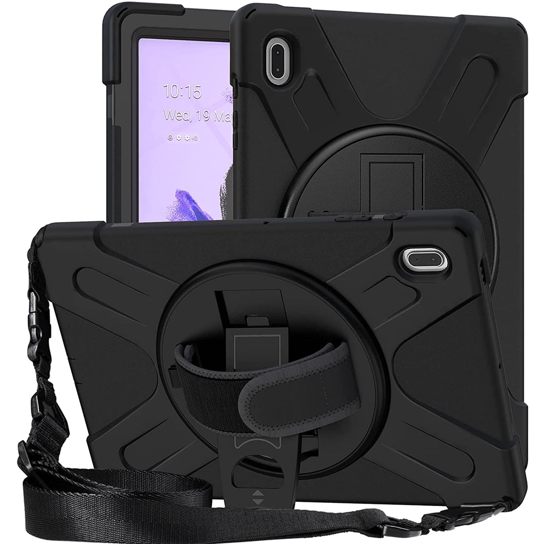 ProElite Rugged 3 Layer Armor case Cover for Samsung Galaxy Tab S7 FE 12.4 Inch SM-T730/T735, Hand Grip and Rotating Kickstand, Black