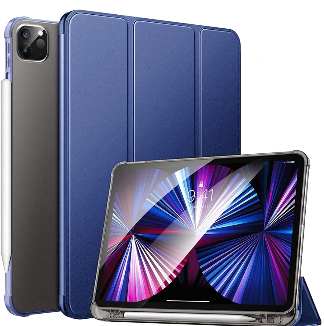 ProElite Smart Flip Case Cover for Apple iPad Pro 12.9 inch 5th Gen 2021, Transparent Soft Back with Pencil Holder, Dark Blue