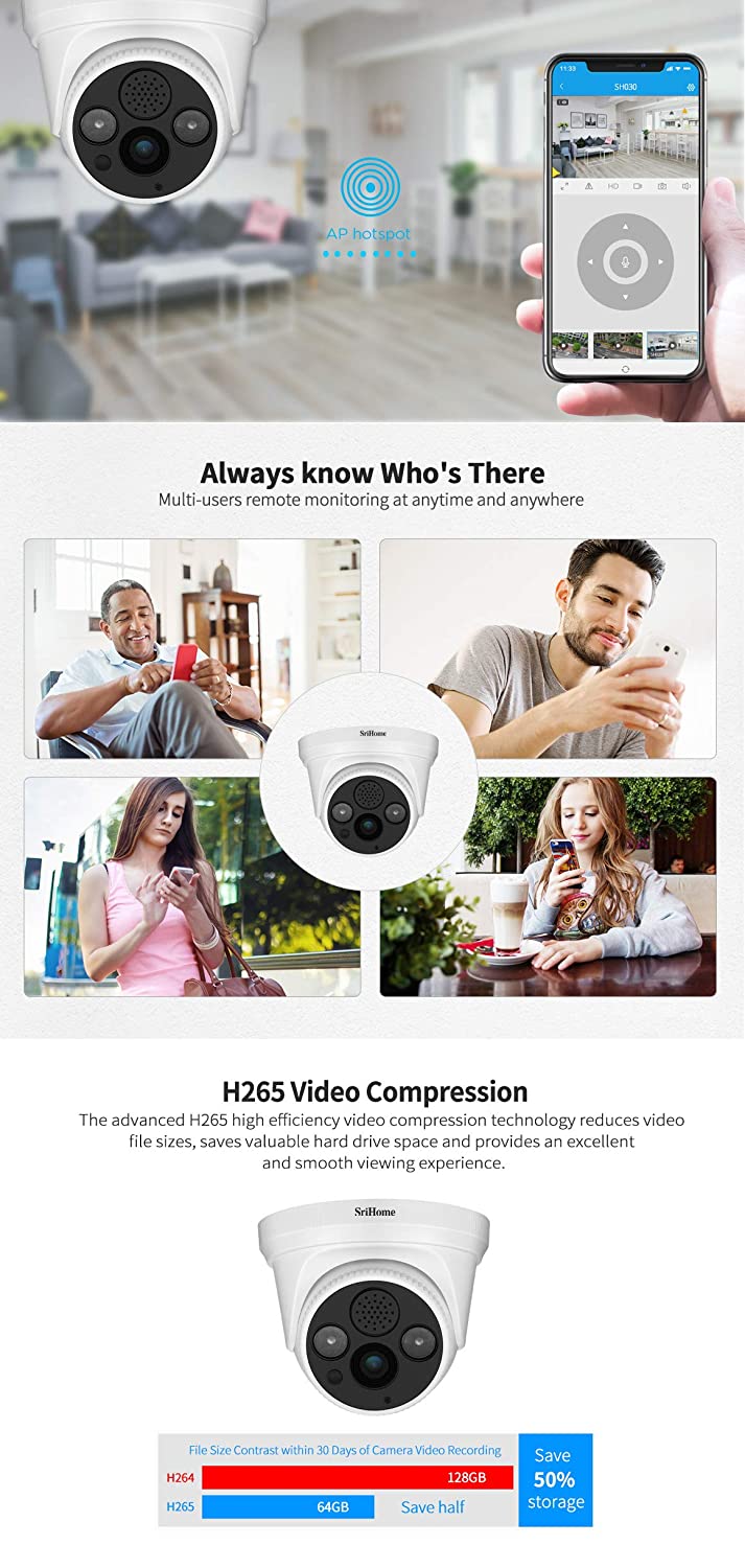 srihome sh030 wireless ip dome camera 1296p night vision